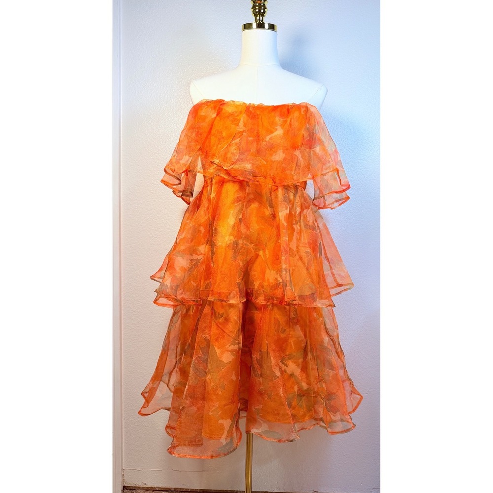 Thirty Thirty Orange Floral Tiered Ruffle Off Shoulder Mini Dress 2X